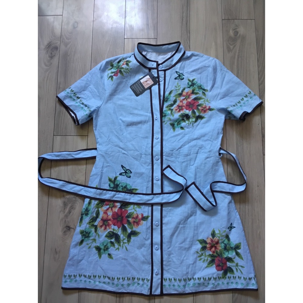 Chartou Light Blue Floral Butterfly Cotton Button Down Belted Dress Mens Size M